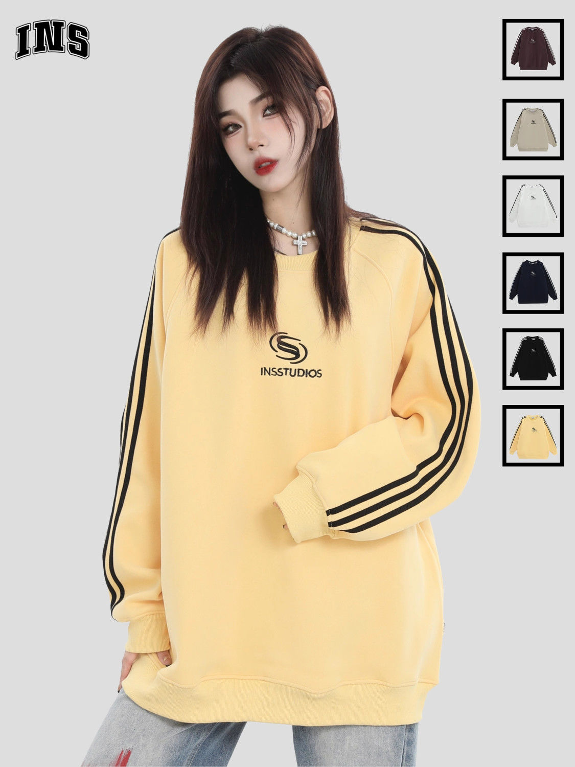 INSstudios 國潮牌情侶美式經典LOGO三條槓圓領衛衣加絨圓領上衣