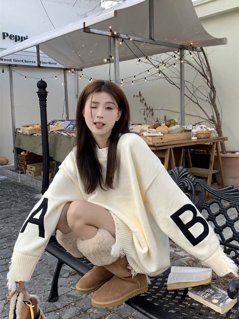 復古美式白色大毛衣女秋冬加厚寬鬆慵懶風外穿套頭中長款針織上衣