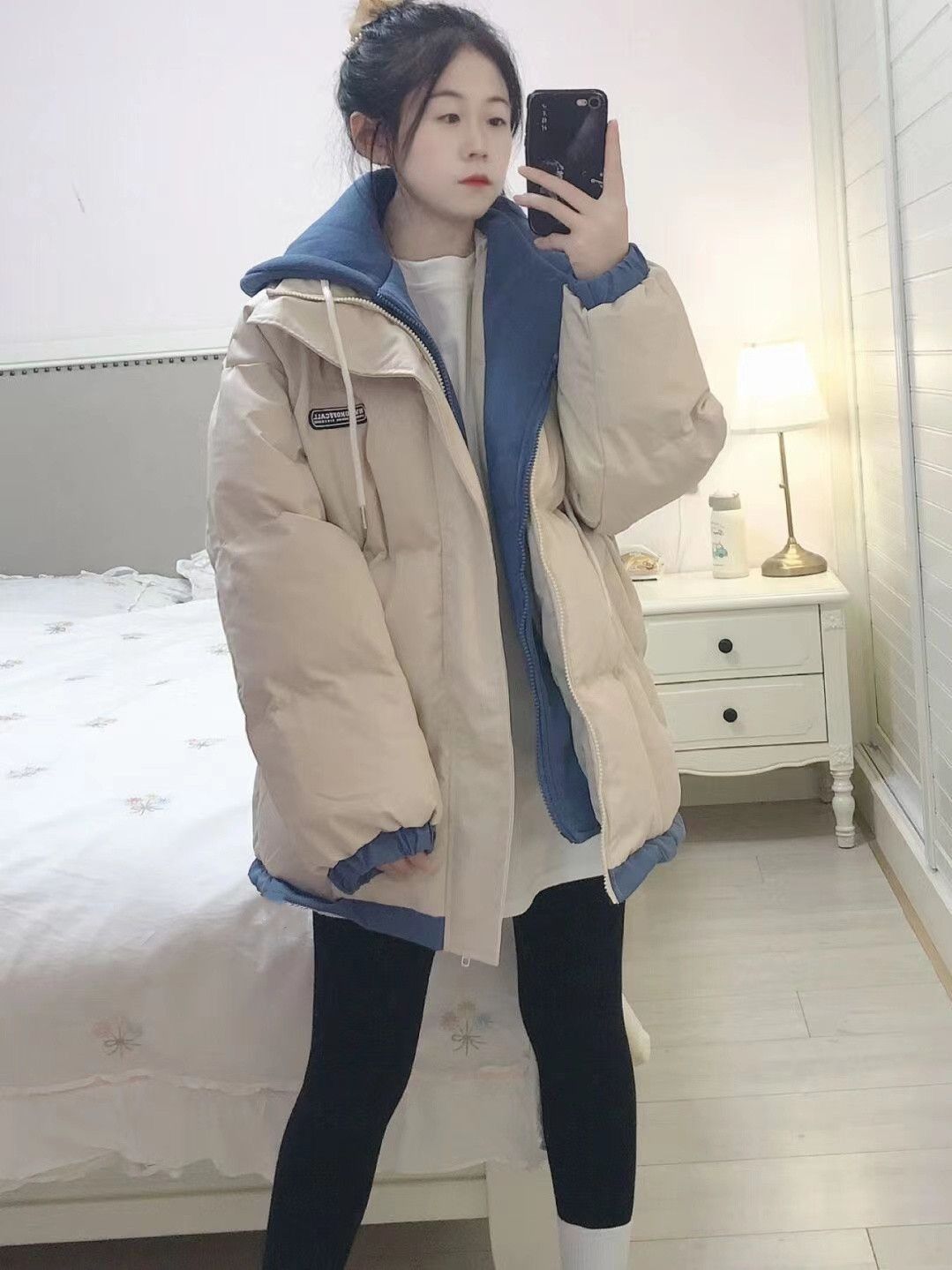 Fake two-piece hooded bread jacket for female students  winter new style retro small man loose cotton coat