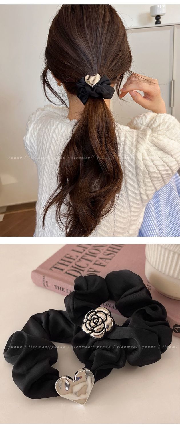 Schwarzes Kamelien-haargummi Mit Schleife Exquisites Leder-scrunchie_voghion.com