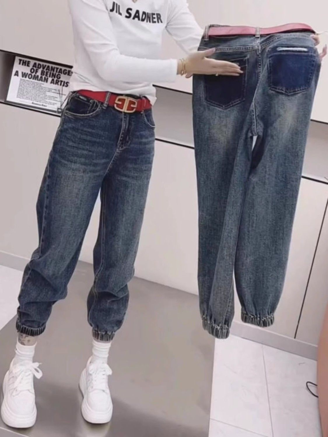復古束腳哈倫牛仔褲女2023年秋季新款大碼胖妹妹mm顯瘦百搭老爹褲