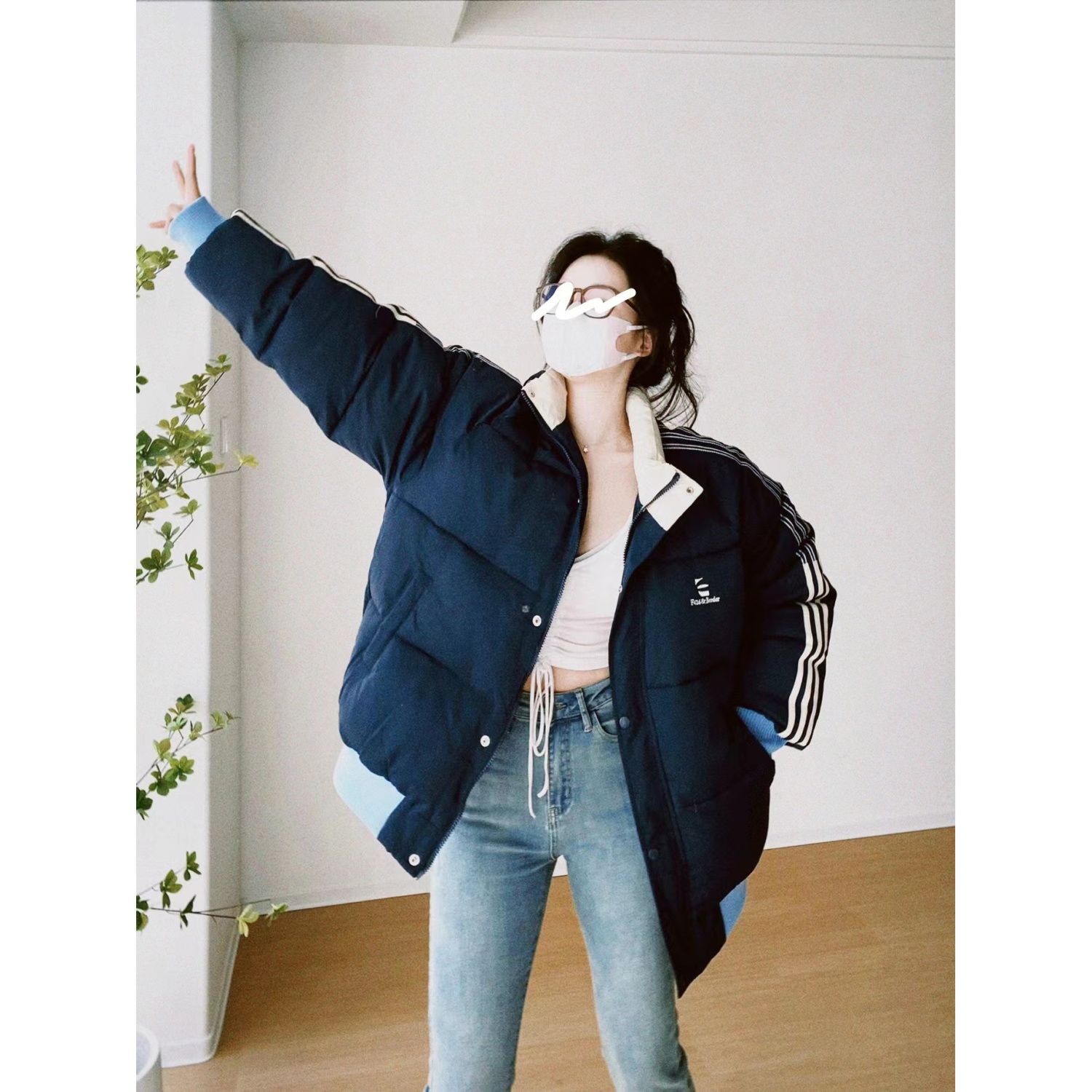 韓系撞色條紋立領新款棉服女韓版冬季寬鬆棉衣外套情侶裝加厚棉襖