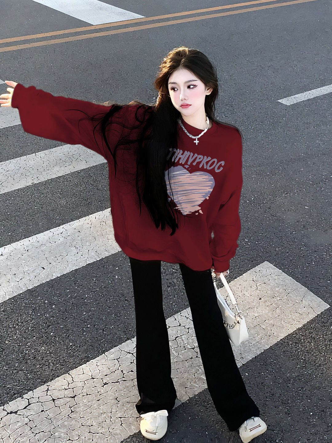 奶fufu慵懶風酒紅色上衣女2023秋冬新年本命年加絨加厚聖誕節衛衣