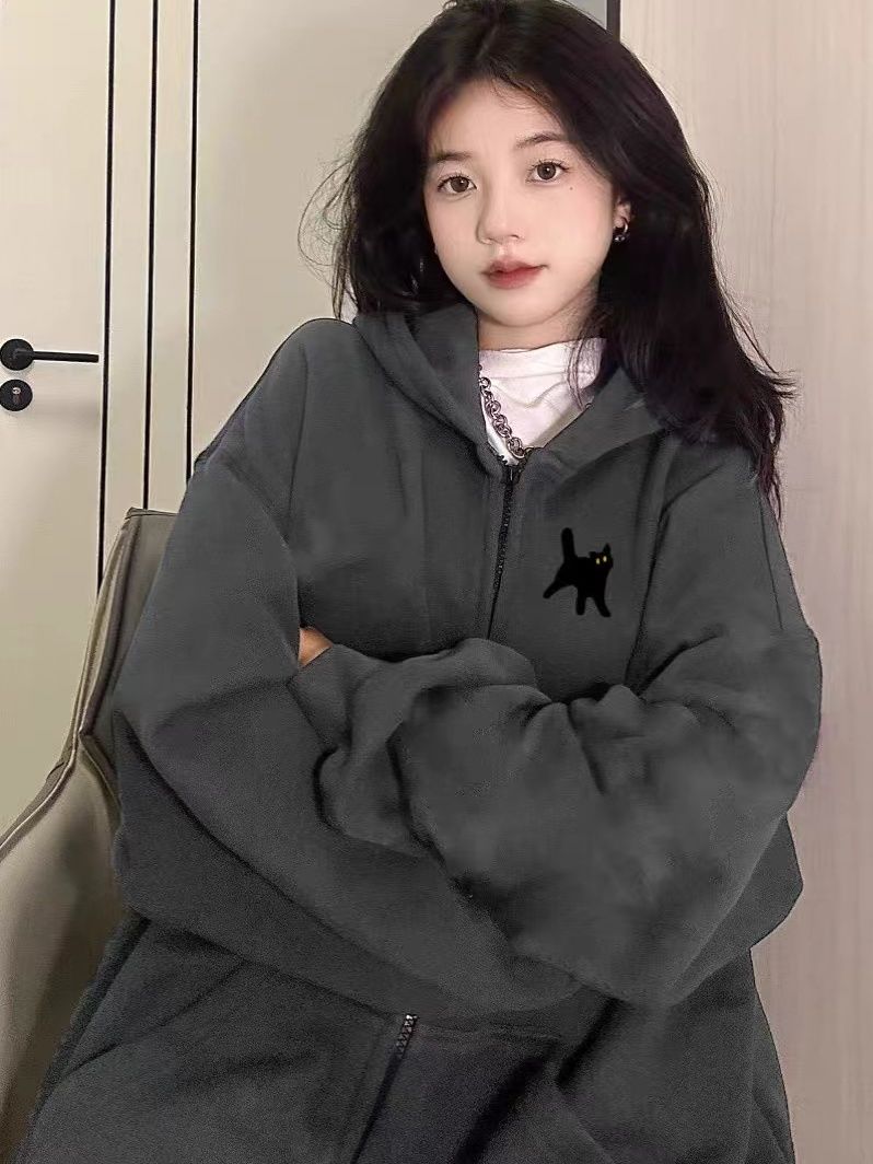 美式chic復古深灰色加厚加絨衛衣女冬季保暖銀狐絨連帽開衫外套潮
