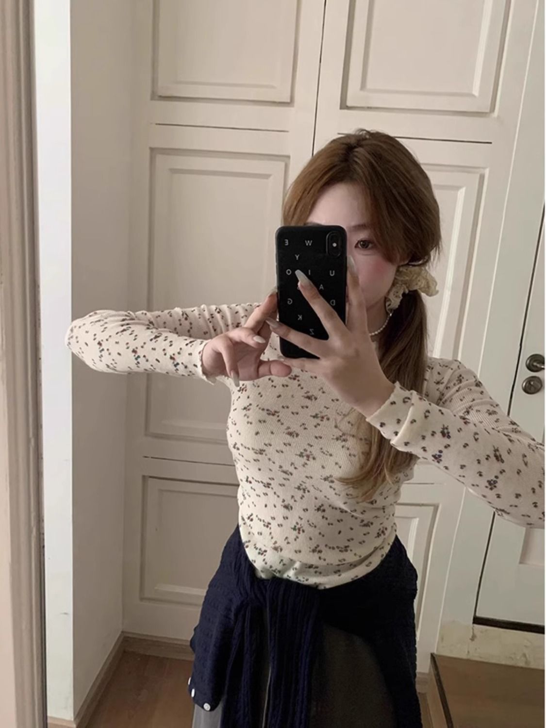 復古碎花打底螺紋針織衫女秋季韓版新款修身顯瘦內搭別致長袖小衫