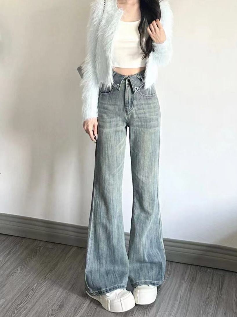 美式復古微喇叭牛仔褲女秋季新款辣妹翻邊高街設計感高腰顯瘦長褲