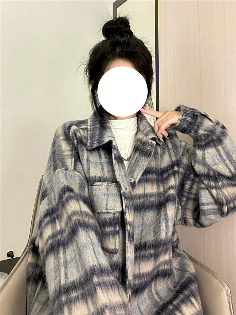 小香風外套女秋冬新款寬鬆vintage高級感顯瘦小個子格子夾克襯衫