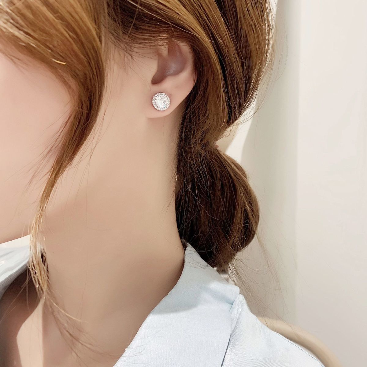 High-end Full Diamond Princess Round Stud Earrings For Women_voghion.com