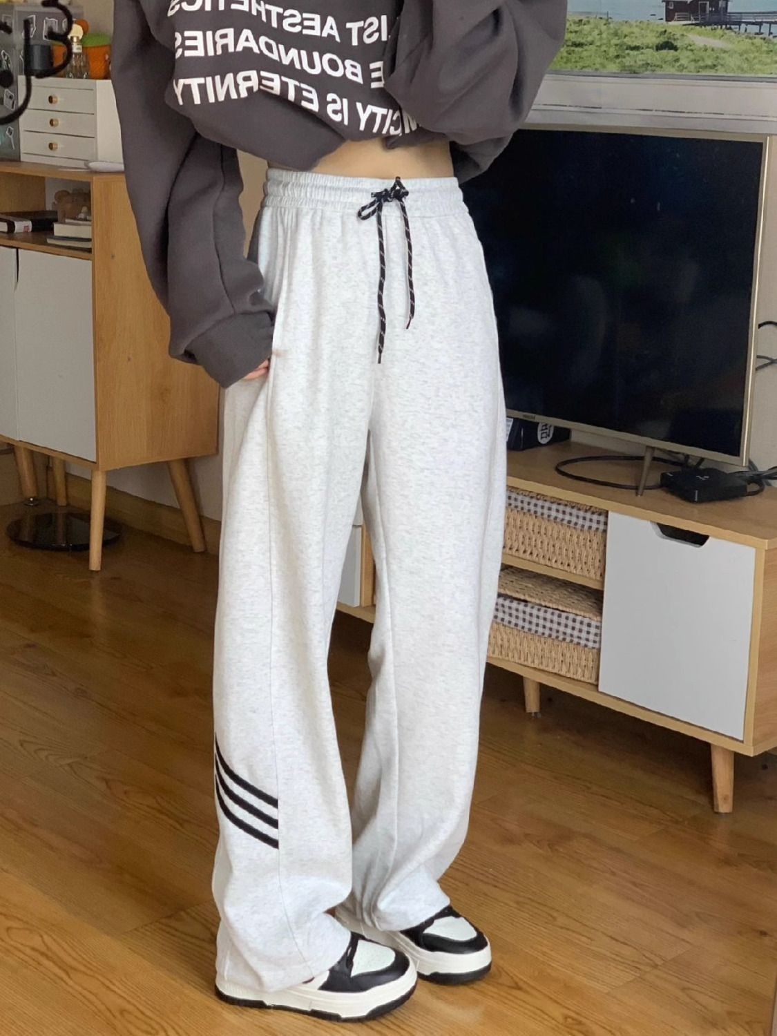 高街甜酷美式嘻哈hiphop灰色運動褲女春秋設計感直筒三條槓休閒褲