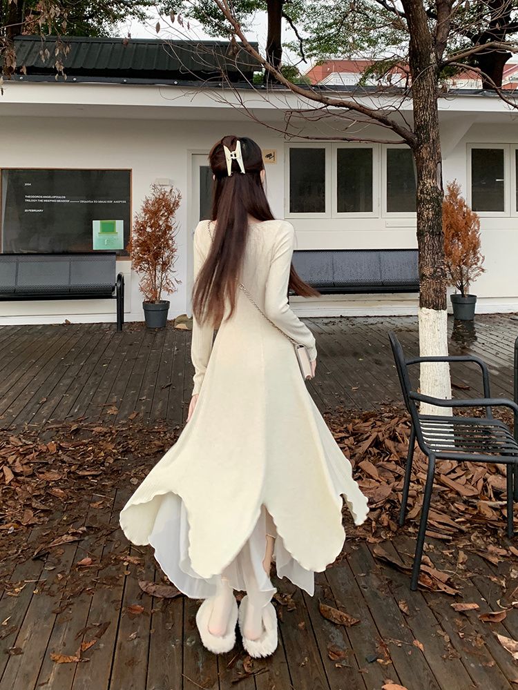 SHOPLAH小眾設計感不規則長袖連衣裙女早秋修身顯瘦溫柔風長裙子