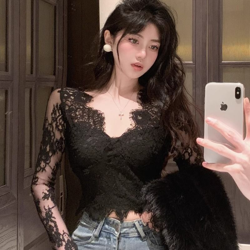純欲性感蕾絲小衫女秋冬修身v領短款上衣別致漂亮打底衫學生洋氣