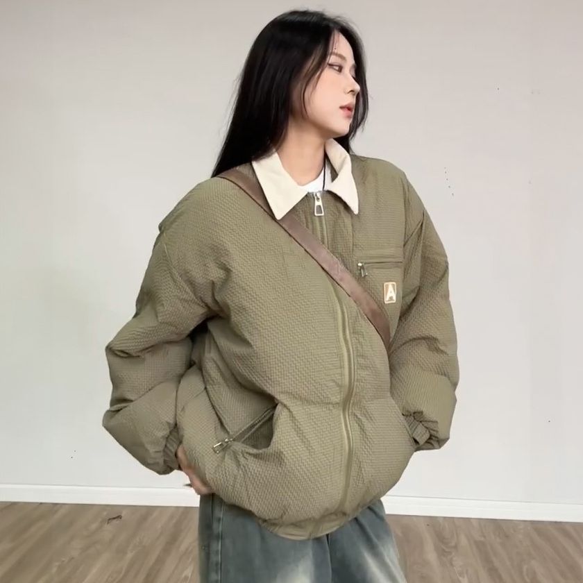  new Maillard color-blocked plaid lapel cotton coat for female students winter ins loose retro cotton coat