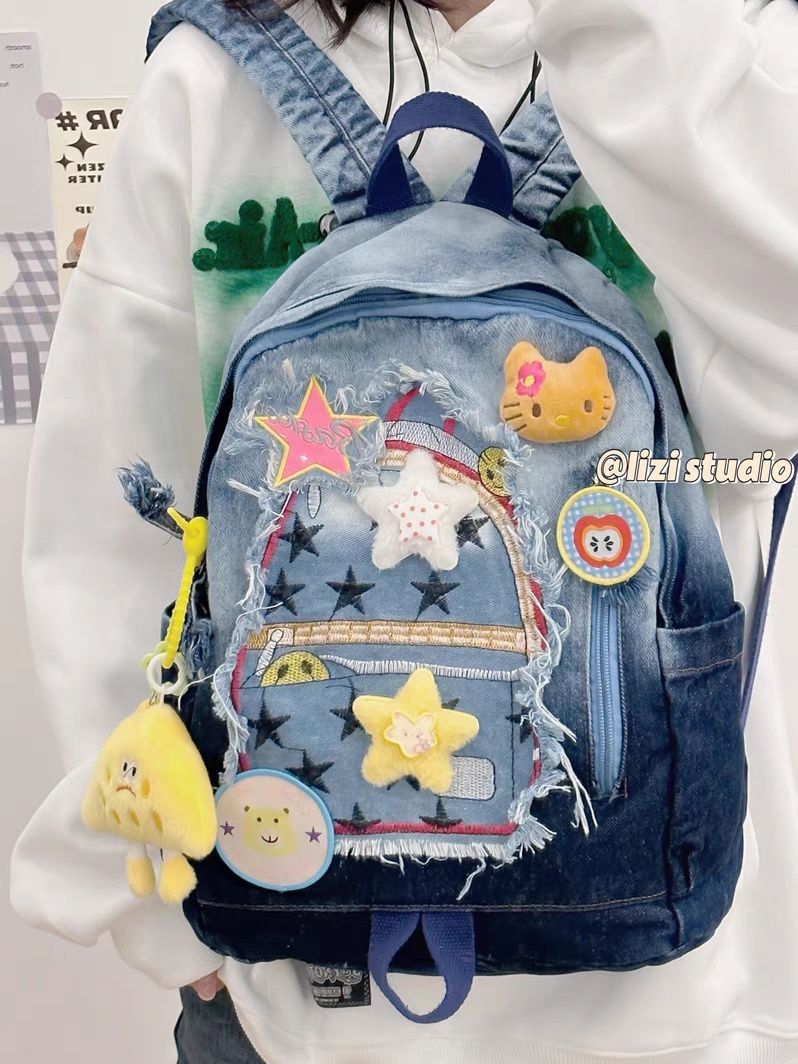hellokitty牛仔拼色雙肩包卡通凱蒂貓甜美可愛百搭書包校園大學生