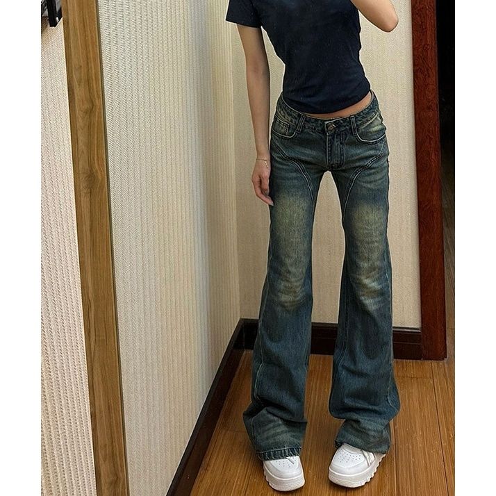 美式復古百搭修身顯瘦顯高春秋新款拖地褲子辣妹風微喇叭牛仔褲女