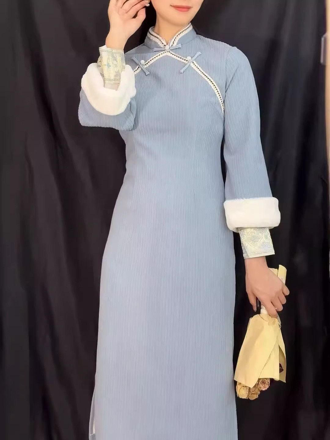 新中式藍色改良冬季加絨旗袍女2023新款少女長袖復古年輕款連衣裙