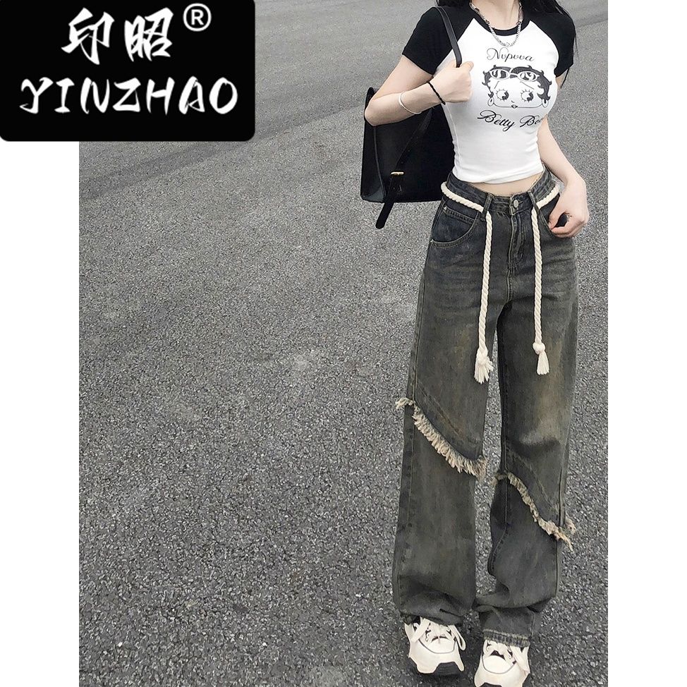 【印昭YINZHAO】港風復古牛仔褲女寬鬆直筒闊腿長褲小眾毛邊做舊