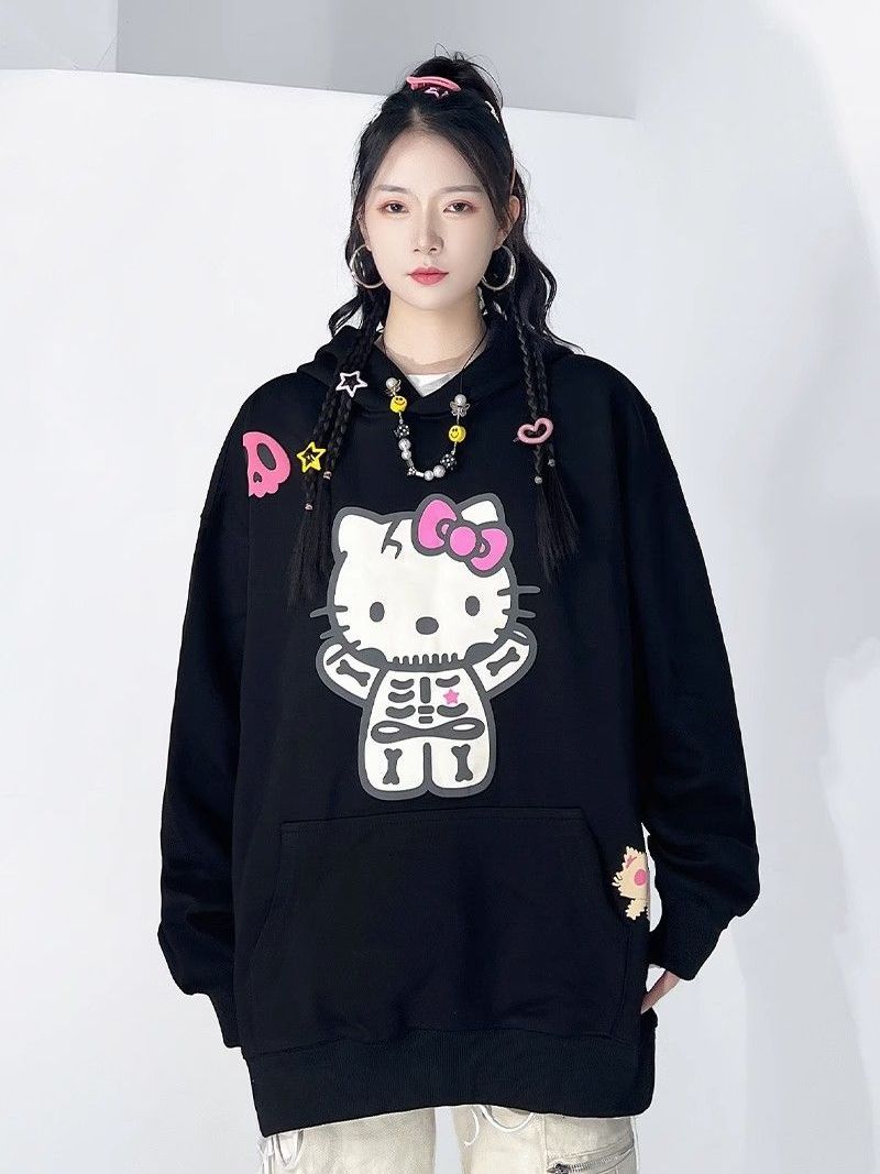 國潮美式卡通凱蒂貓印花連帽衛衣女秋冬寬鬆重磅純棉加絨加厚外套