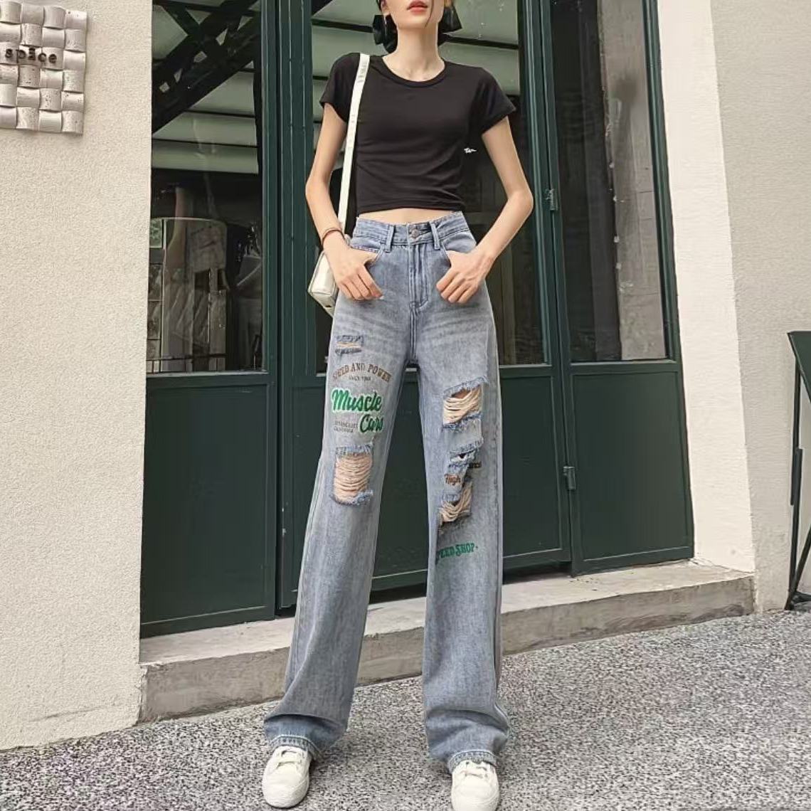 2026新款双色复古做旧破洞阔腿女拉链显瘦宽松水洗直筒长裤牛仔裤