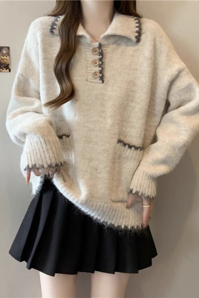 2025 Suéter de malha grosso com gola polo solta e preguiçosa para mulheres, outono e inverno, novo, slim fit, camada interna, camisa de base_voghion.com