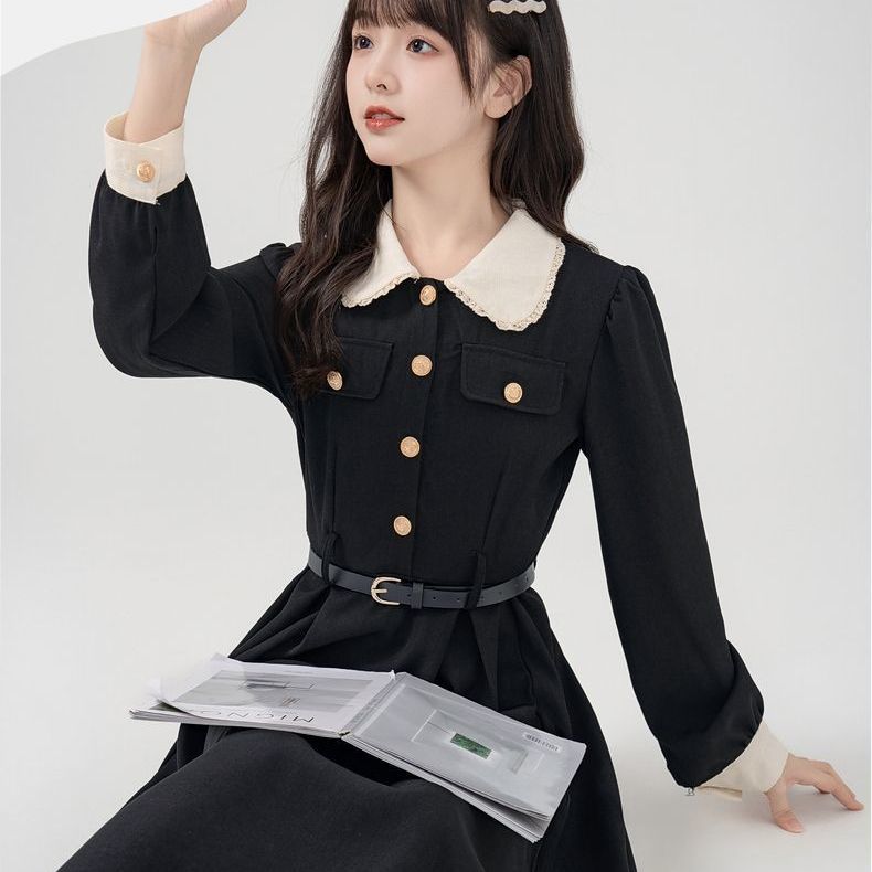 Plus size Hepburn holiday niche temperament slim French lapel black skirt waist color block retro dress for women