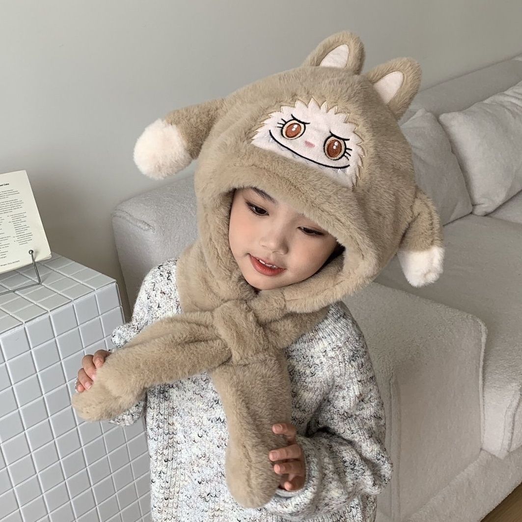 儿童拉布帽子围巾一体帽耳朵气囊会动交叉围脖两件套保暖厚防风帽