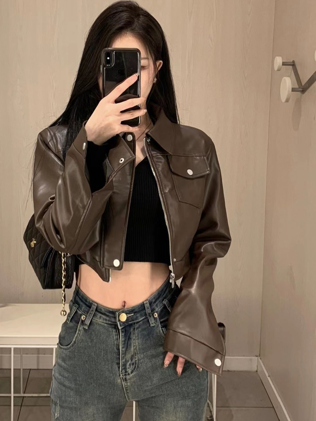 American retro sweet and cool hot girl style brown leather jacket 2024 spring and autumn new design motorcycle jacket top