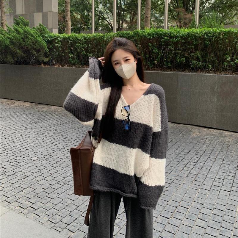 寬鬆撞色條紋針織衫毛衣女秋季慵懶復古百搭套頭外套長袖v領上衣