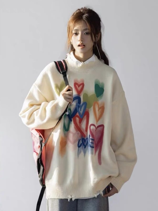 女寬鬆韓系慵懶風毛衣復古軟糯彩色愛心圓領套頭破洞針織衫