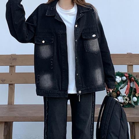 黑色工裝牛仔外套女秋季2023新款百搭潮ins韓版寬鬆休閒夾克上衣