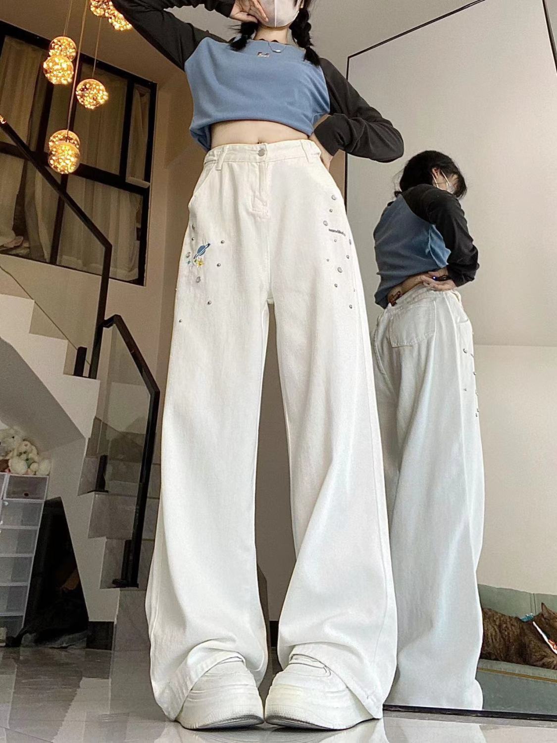 美式vibe鑲鑽鉚釘刺繡寶石直筒褲女秋季高腰寬鬆顯瘦闊腿休閒褲潮