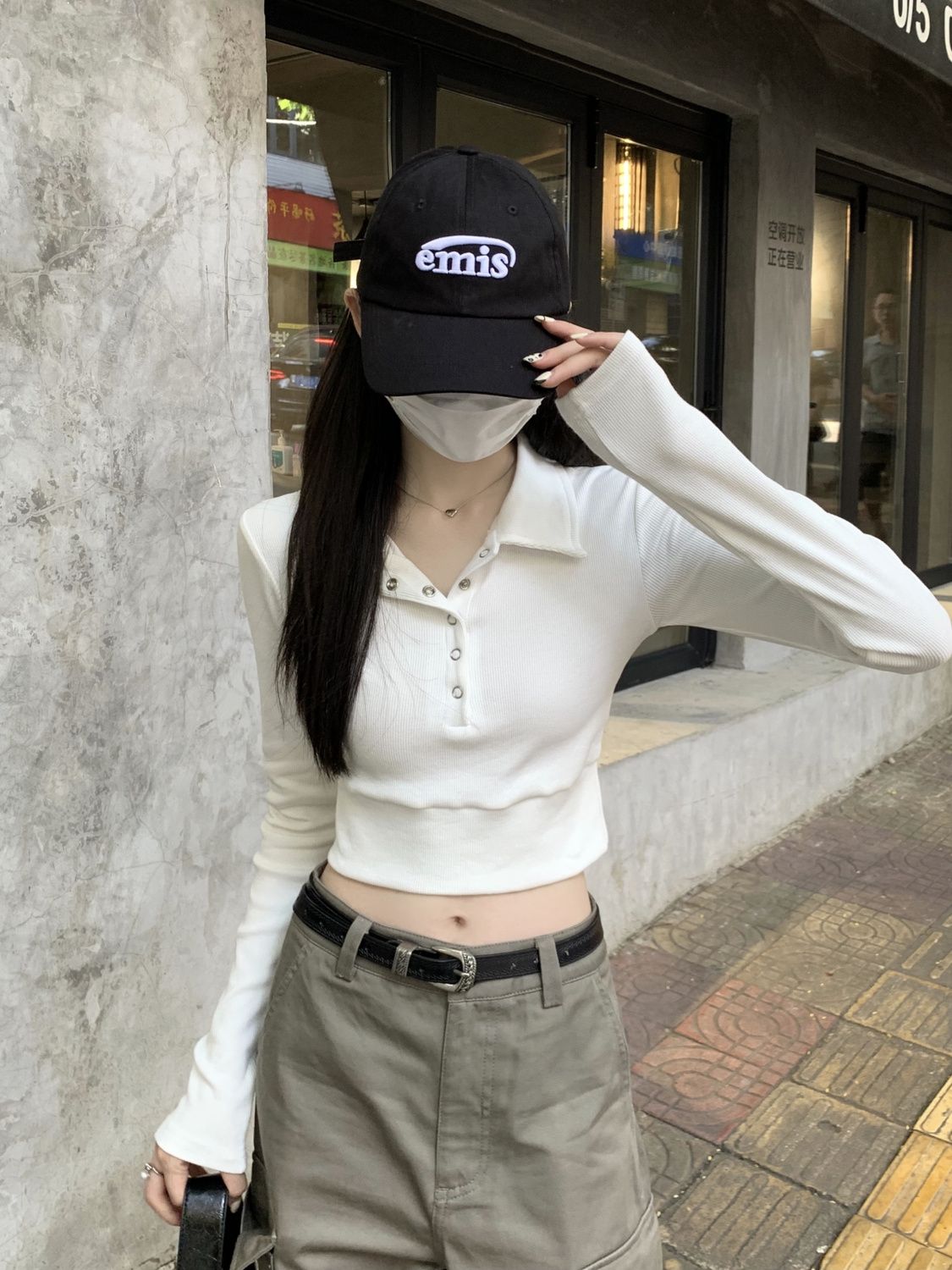 甜辣風polo領正肩長袖t恤女秋季修身短款設計感美式露臍打底上衣