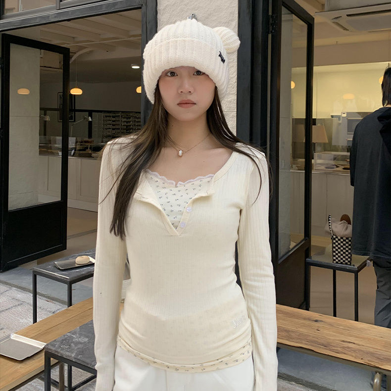 韓版兩件碎花長袖拼接T恤秋季設計秋冬新款獨特别致修身打底上衣