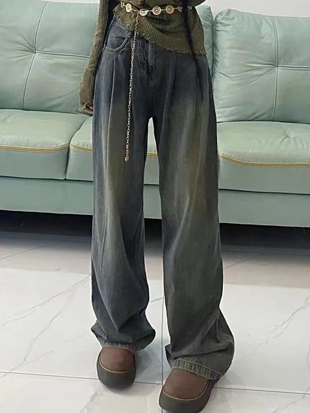 美式做舊復古垂感牛仔褲女小個子高腰寬鬆顯瘦直筒闊腿拖地褲ins