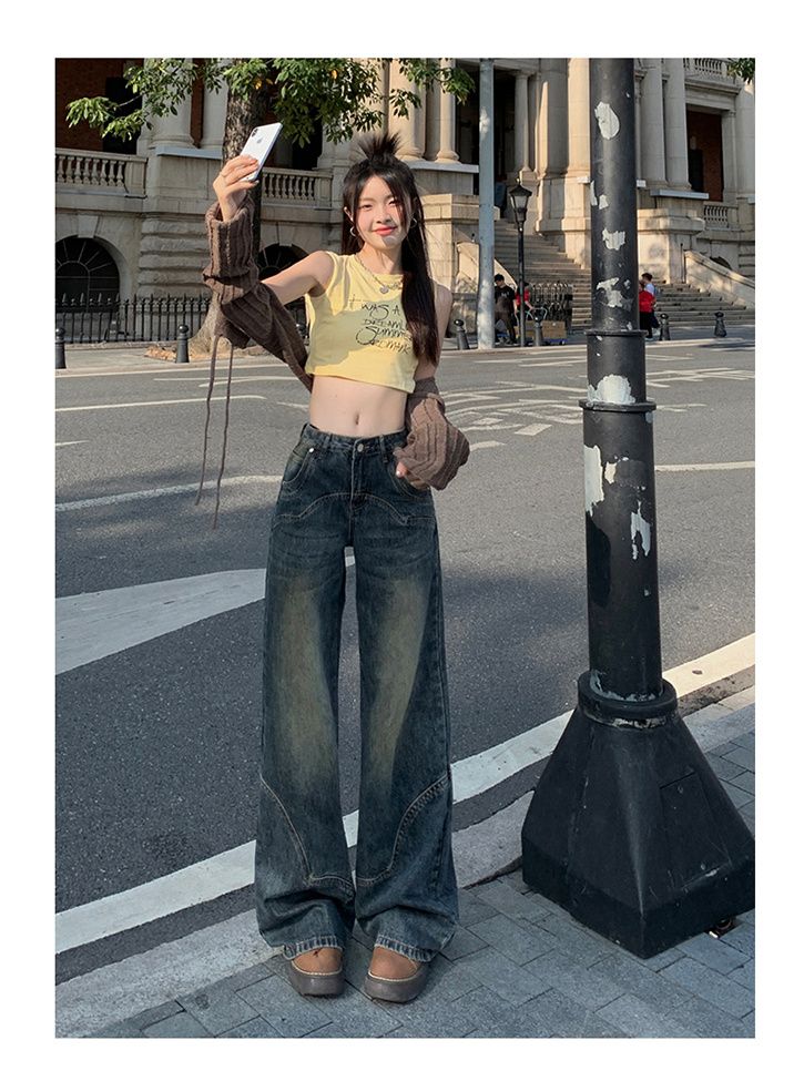 復古美式闊腿牛仔褲女寬鬆垂感秋冬顯瘦微喇俏皮甜妹直筒拖地長褲