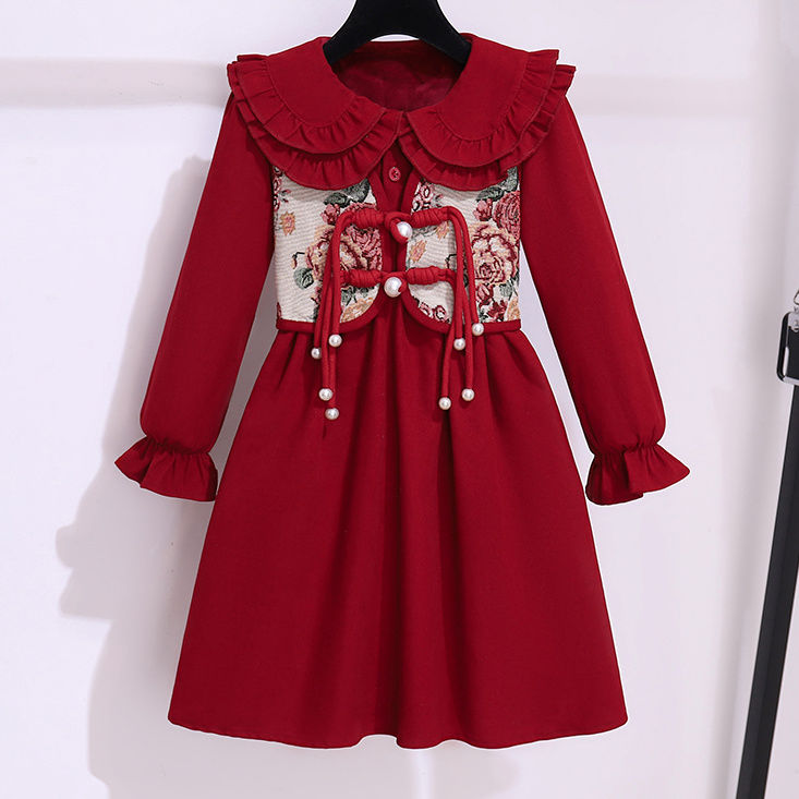 女童连衣裙2023新款新年服裙洋气娃娃领秋冬装女孩网红复古公主裙