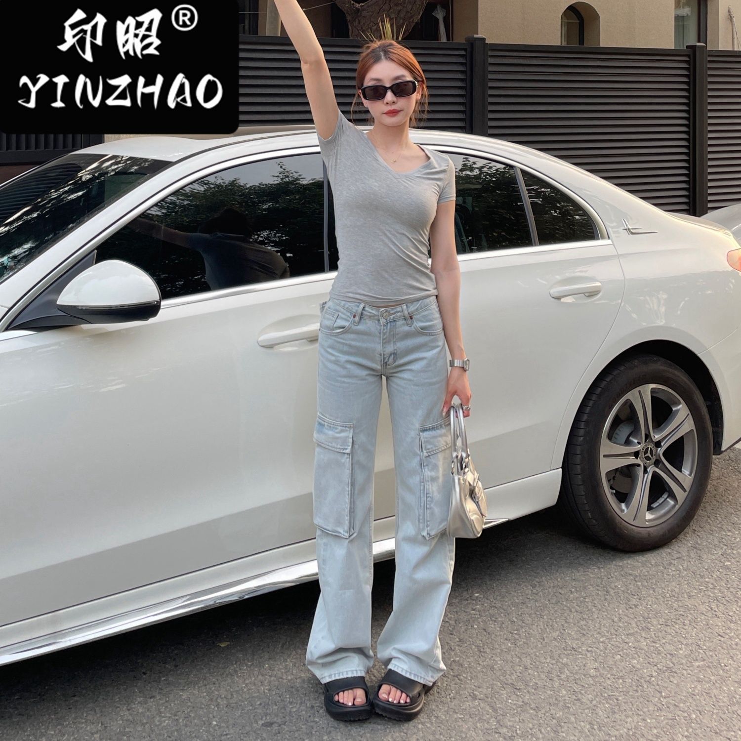 【印昭YINZHAO】淺色秋直筒寬鬆闊腿牛仔褲復古美式工裝褲女