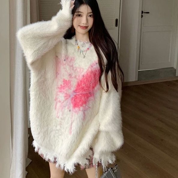 蝴蝶結破洞仿貂絨毛衣女2023秋冬新款慵懶風寬鬆外穿套頭針織上衣
