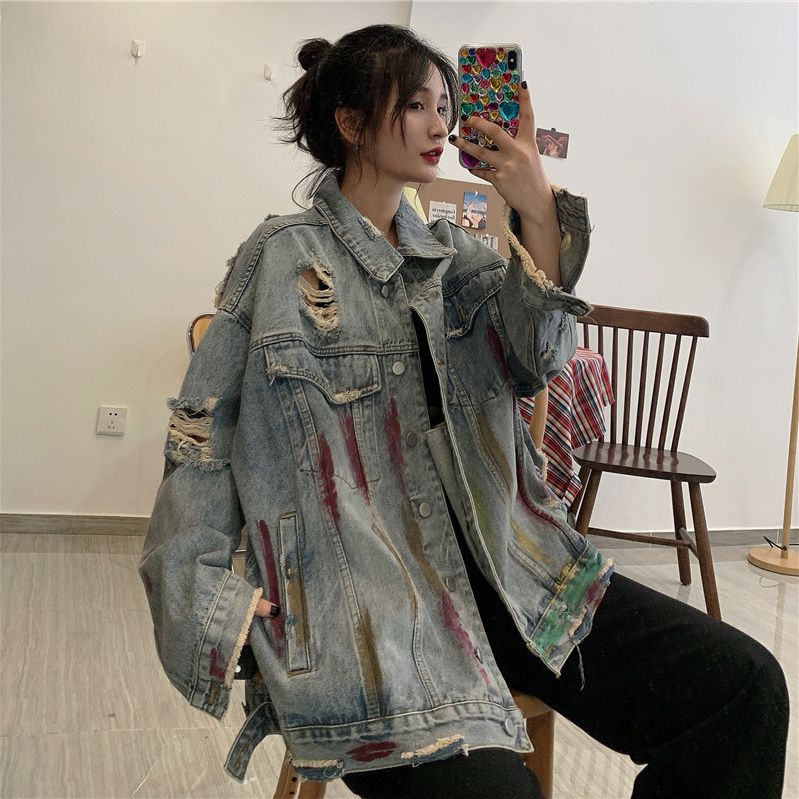 牛仔外套女2024春季新款韓版ins原宿港風寬鬆破洞夾克小眾上衣潮