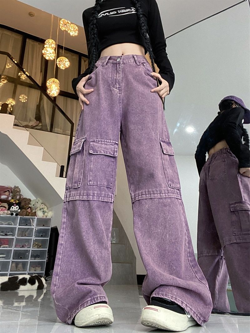 Large size high-waisted American retro workwear jeans for women in autumn loose wide-leg fat mm slimming pear-shaped body pants