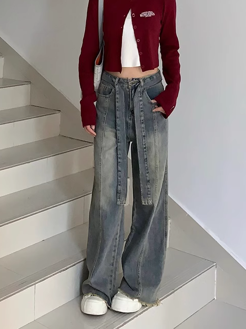 歐美式高街辣妹vibe風復古闊腿牛仔褲女綁帶設計感顯瘦垂感直筒褲
