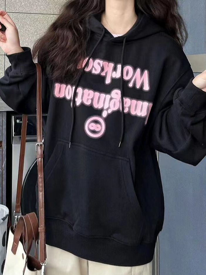 美式潮牌hiphop高級感黑色連帽衛衣女冬季加絨加厚慵懶風情侶上衣