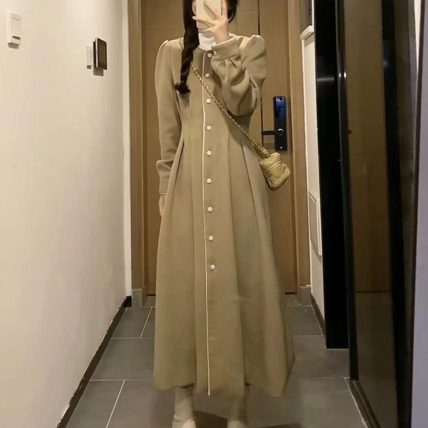 【莫斯科】高級感氣質驚艷復古呢料減齡連衣裙長款毛呢長裙
