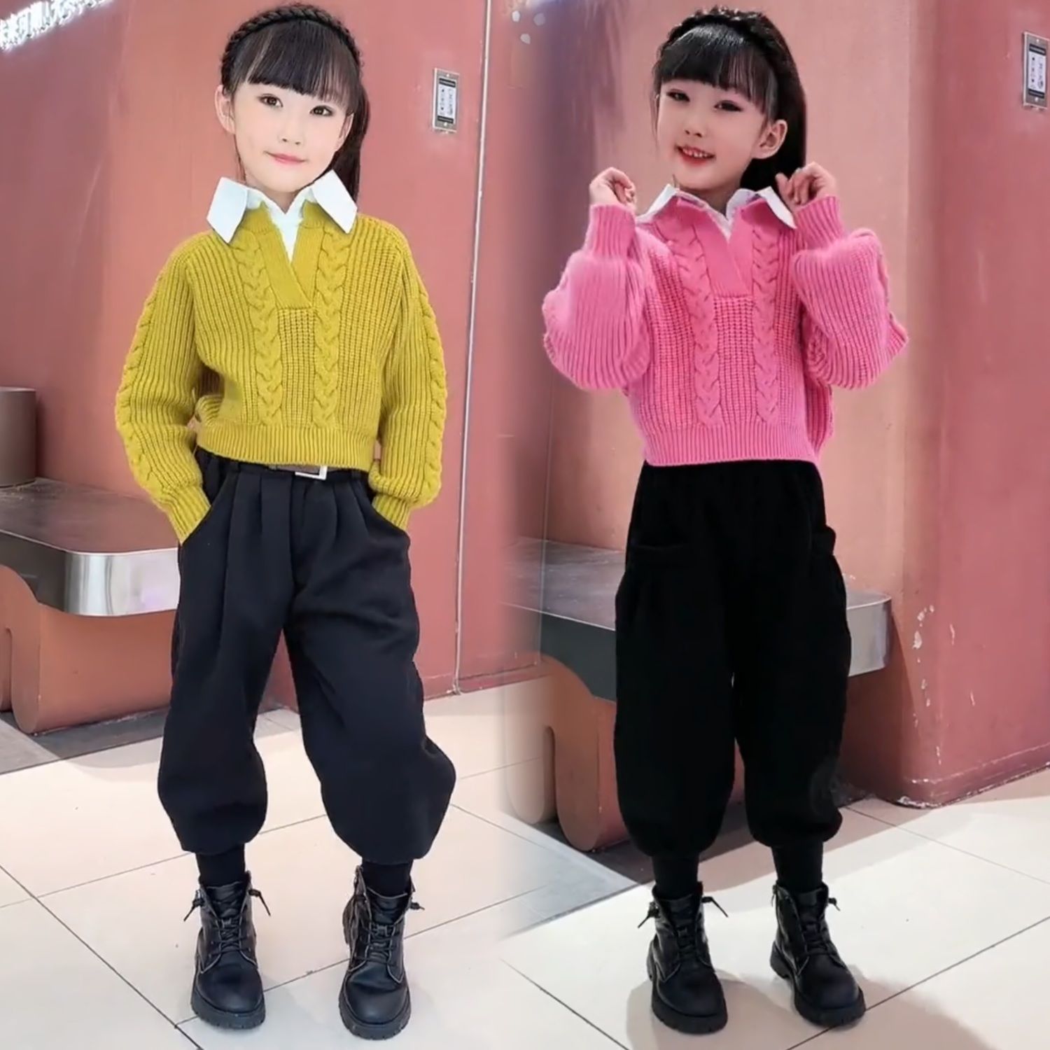 女童秋冬季新款韓版時髦襯衫毛衣加絨加厚蘿蔔褲套裝時尚兒童童裝