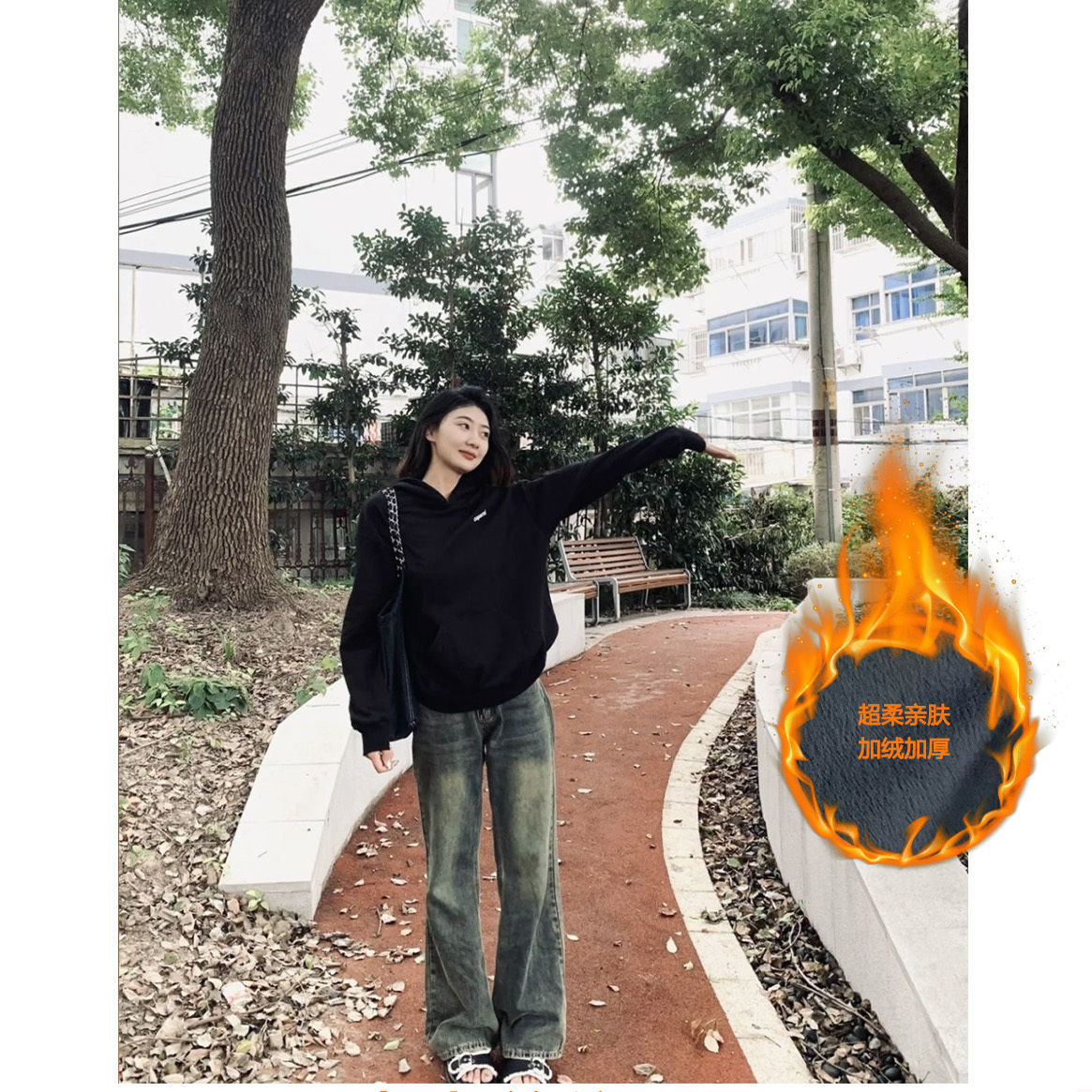加絨加厚直筒牛仔褲女2023新款秋季高腰復古寬鬆顯瘦休閒闊腿長褲