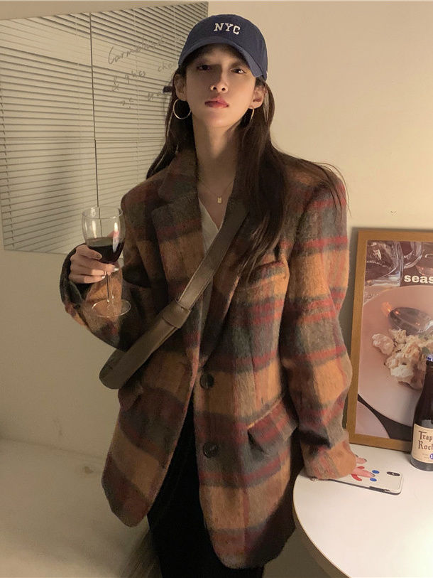 大碼毛呢西裝外套女秋冬中長寬鬆格子休閒西服小個子高級感小香風