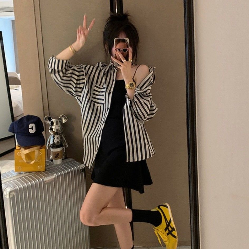 秋季女裝復古條紋長袖襯衫外套女慵懶風寬鬆中長款休閒百搭上衣