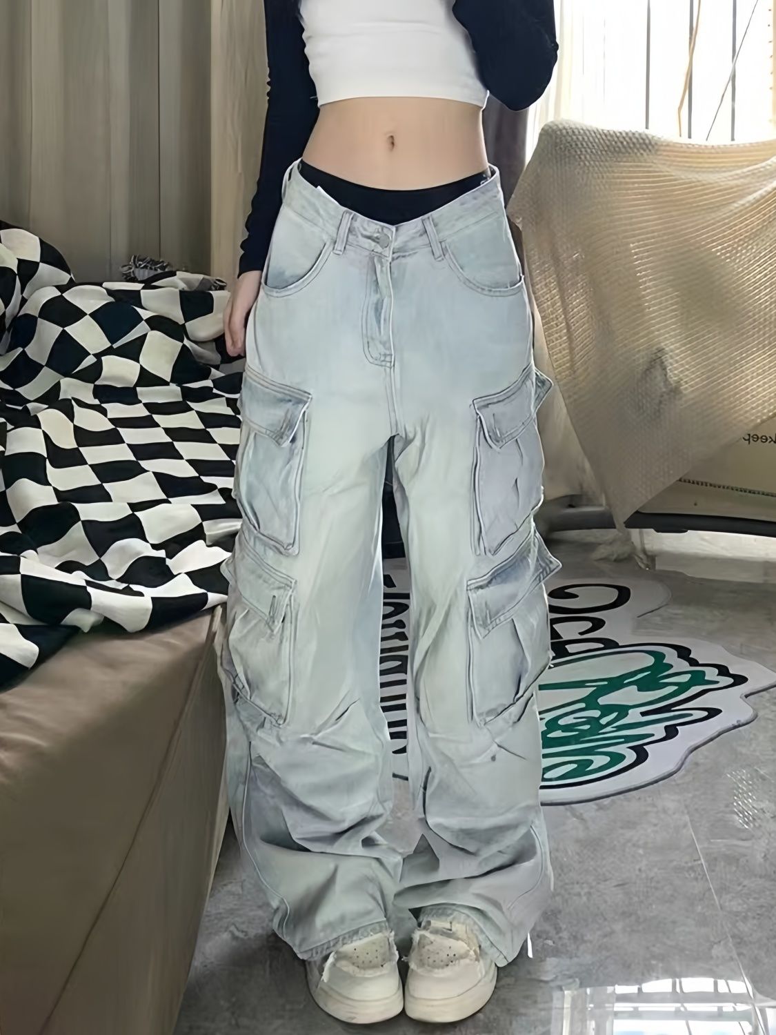 美式復古淺色多口袋工裝牛仔褲女秋冬設計感高腰寬鬆顯瘦闊腿褲潮