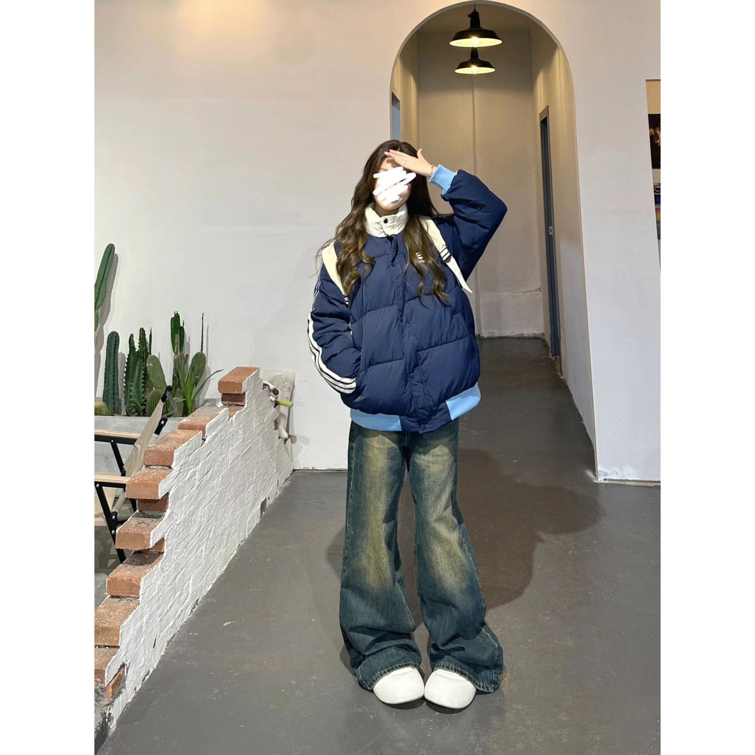 韩版拼接撞色加厚立领棉服学生冬季新款设计感条纹宽松棉衣外套女