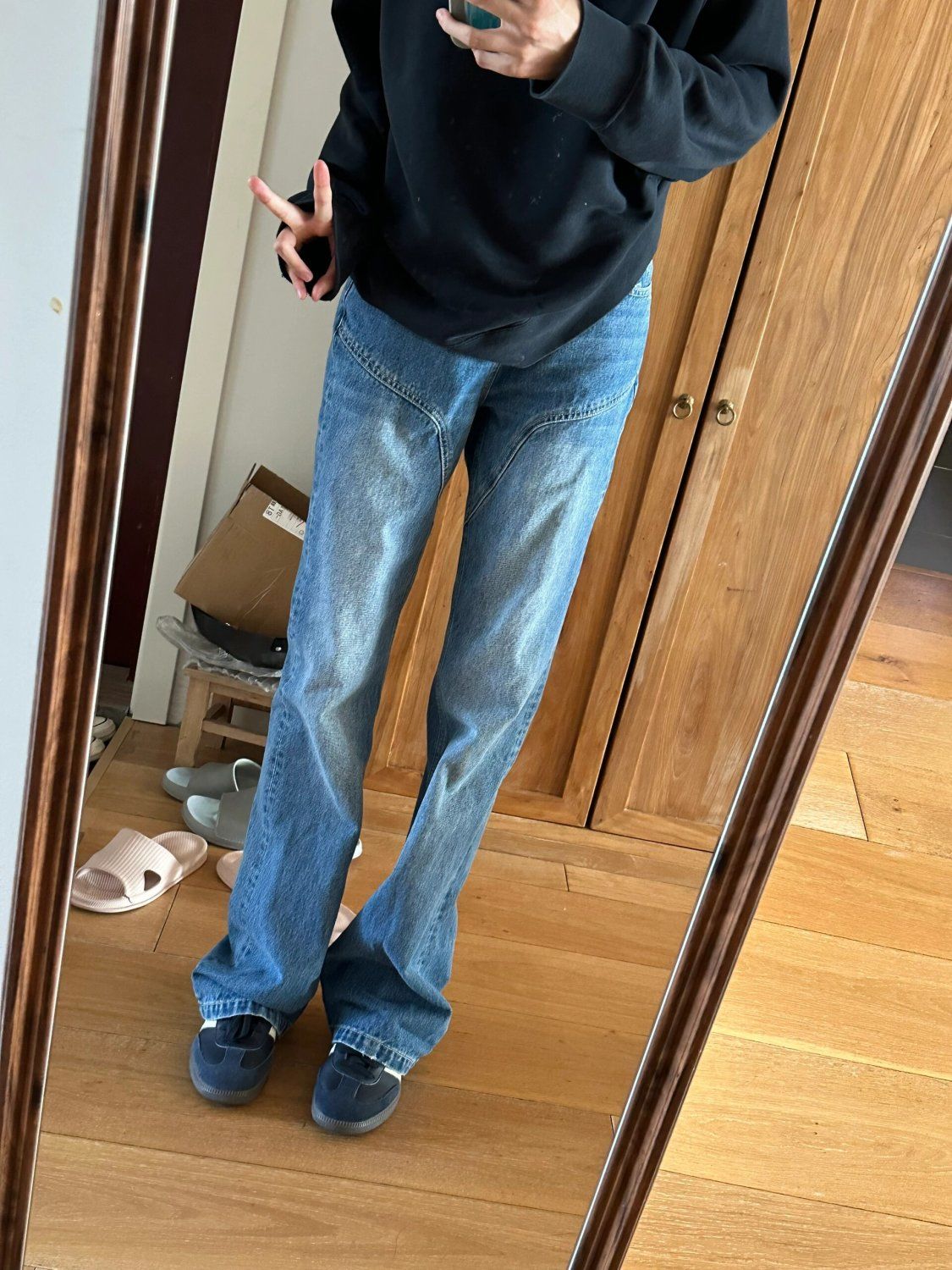 大碼美式復古微喇牛仔褲女秋冬季水洗高街褲子vibe寬鬆直筒拖地褲