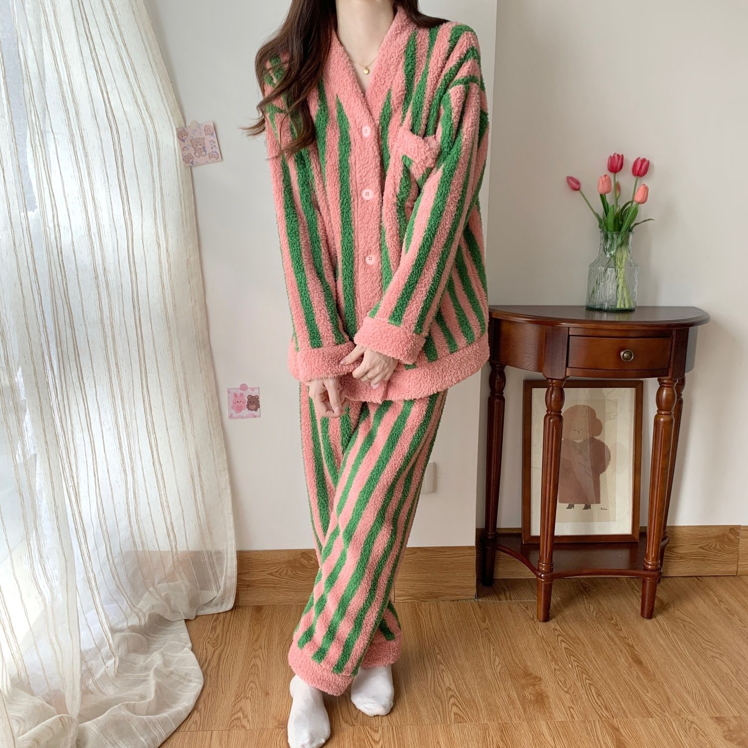 原創珊瑚絨睡衣女士秋冬款半邊絨套裝2023新款加絨加厚冬天家居服